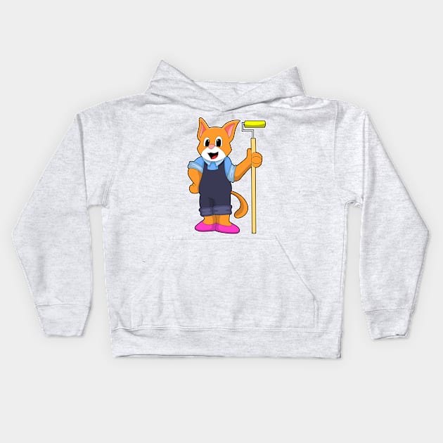 Cat at Wallpapering with Pressure roller Kids Hoodie by Markus Schnabel